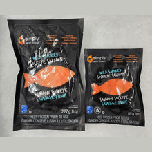 Load image into Gallery viewer, Wild Smoked Sockeye Salmon packaging variety pack showing 227g and 85g frozen seafood pouches